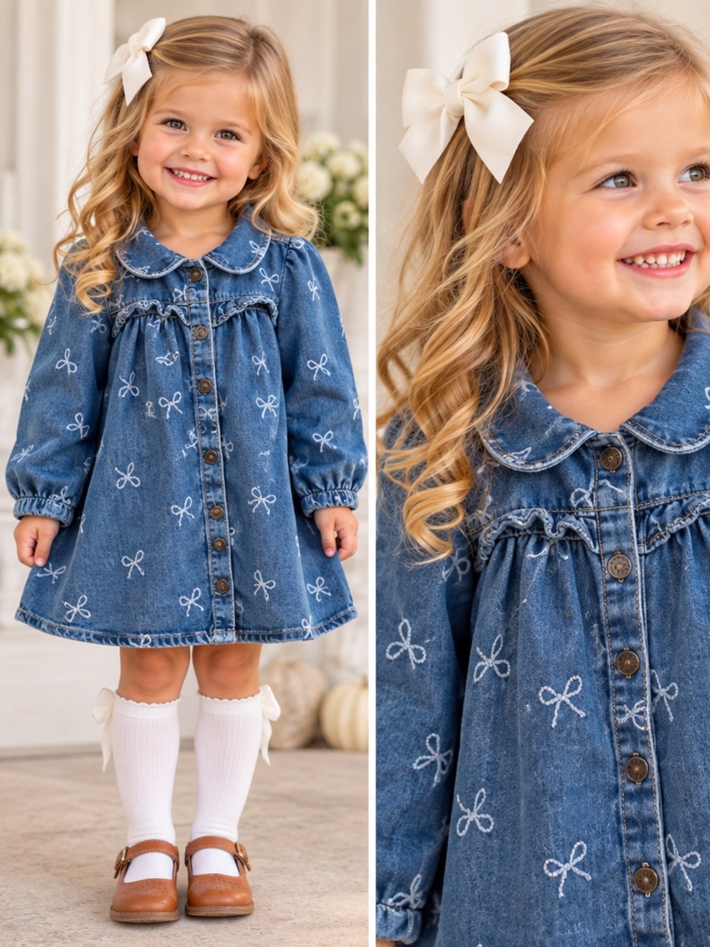 Blue Denim Bow Pattern Button Front Jacket Dress ADORABLE